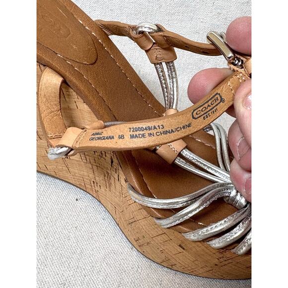 Coach Georgiana Womens Sz 6B Wedge Sandal Metallic Strappy Leather Platform Cork - Picture 6 of 6